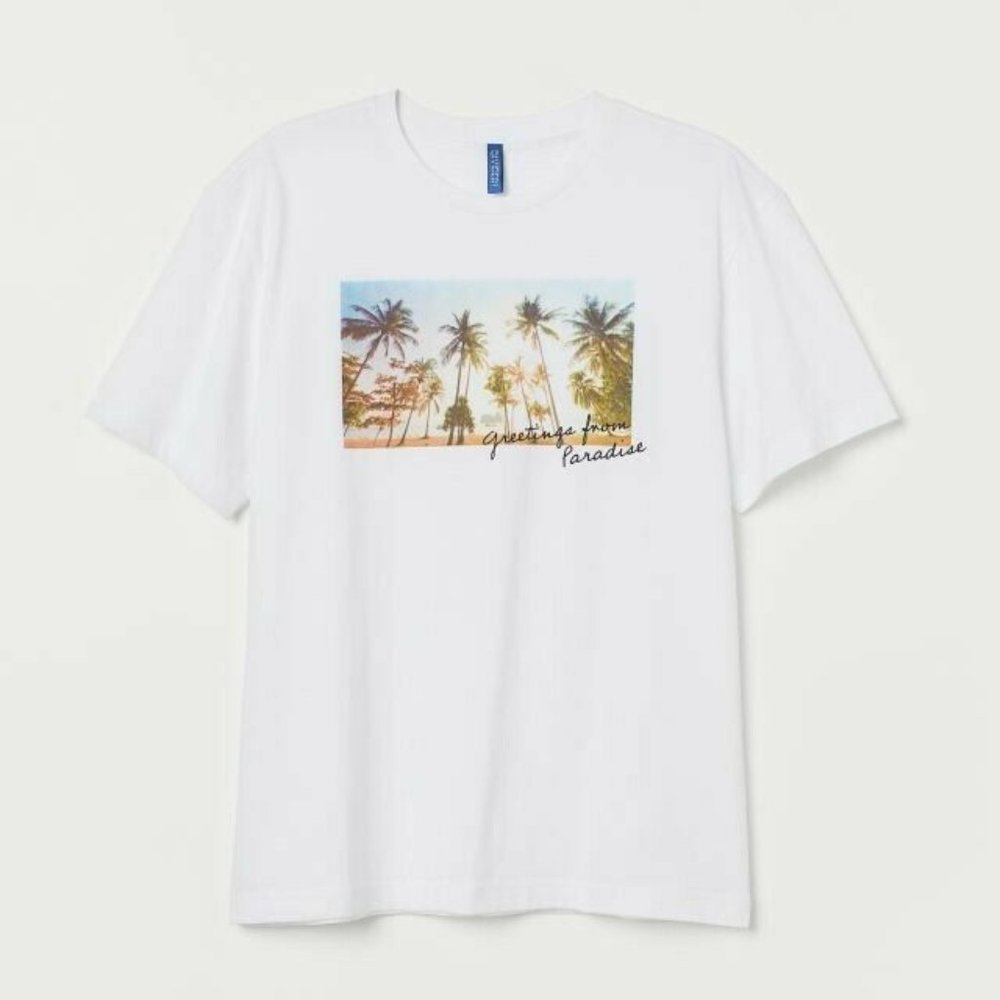 H&M T-shirt with Motif: White/palm trees